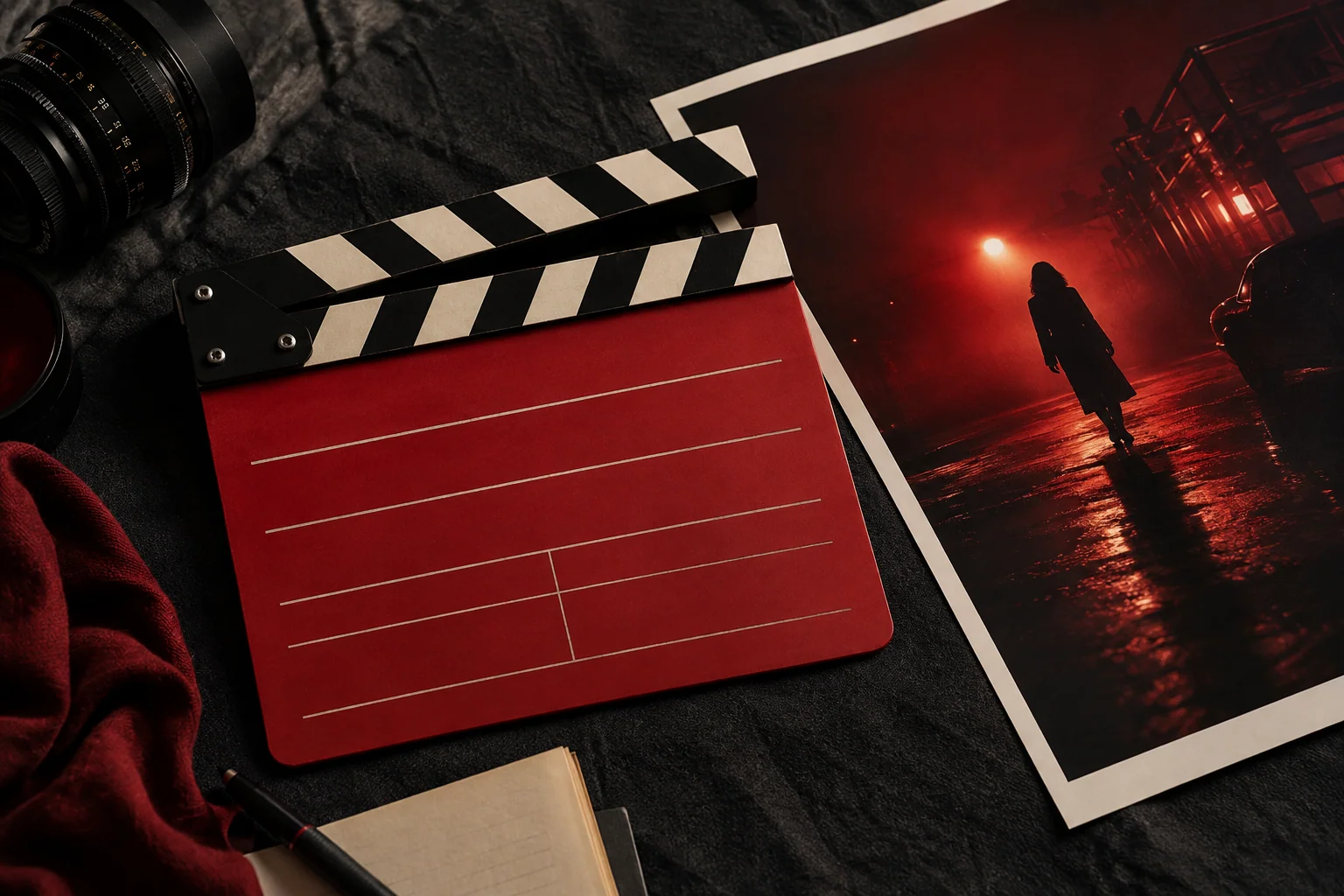 A scarlet film clapper beside a single cinematic storyboard frame