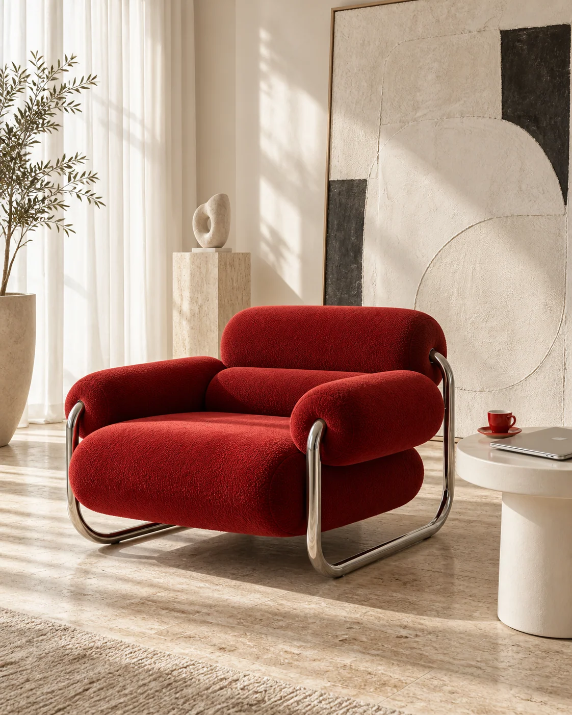 An inviting scarlet lounge chair in an airy creative studio concept