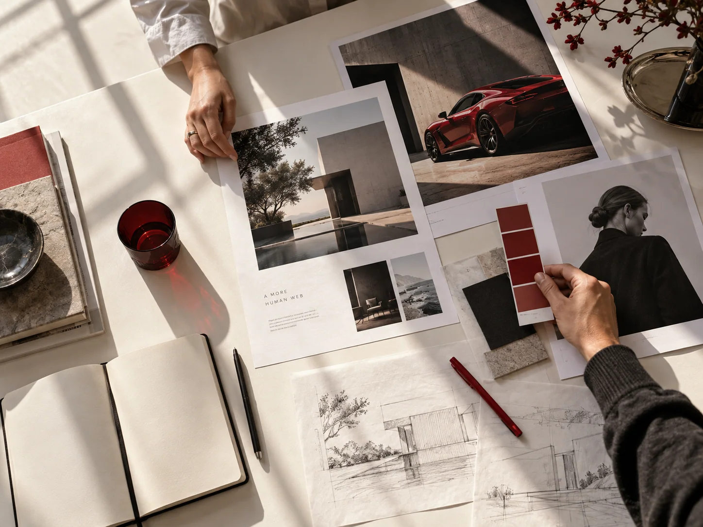 Creative direction concept with hands arranging campaign photographs and design boards