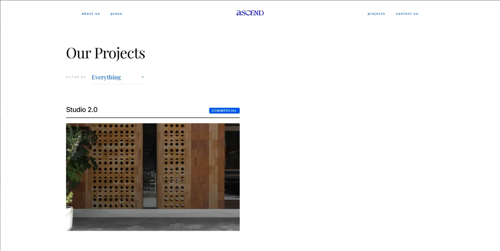Projects index headed “Our Projects” with a filter and the first project, Studio 2.0