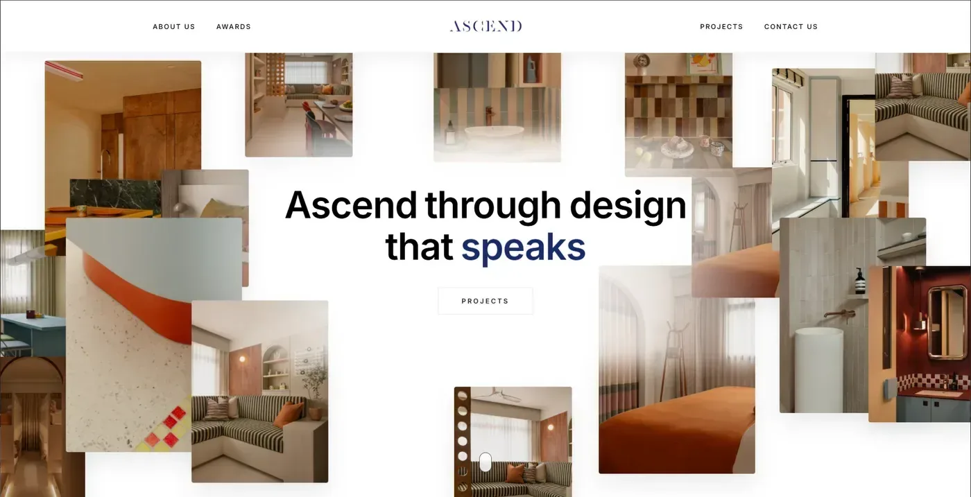 Ascend homepage hero reading “Ascend through design that speaks” inside a scattered collage of interior photographs