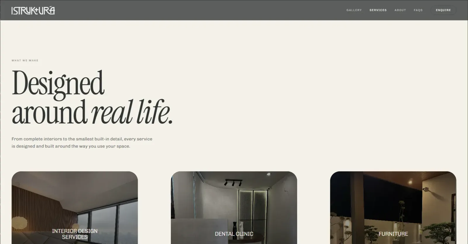 Services page reading “Designed around real life” with interior design, dental clinic and furniture cards