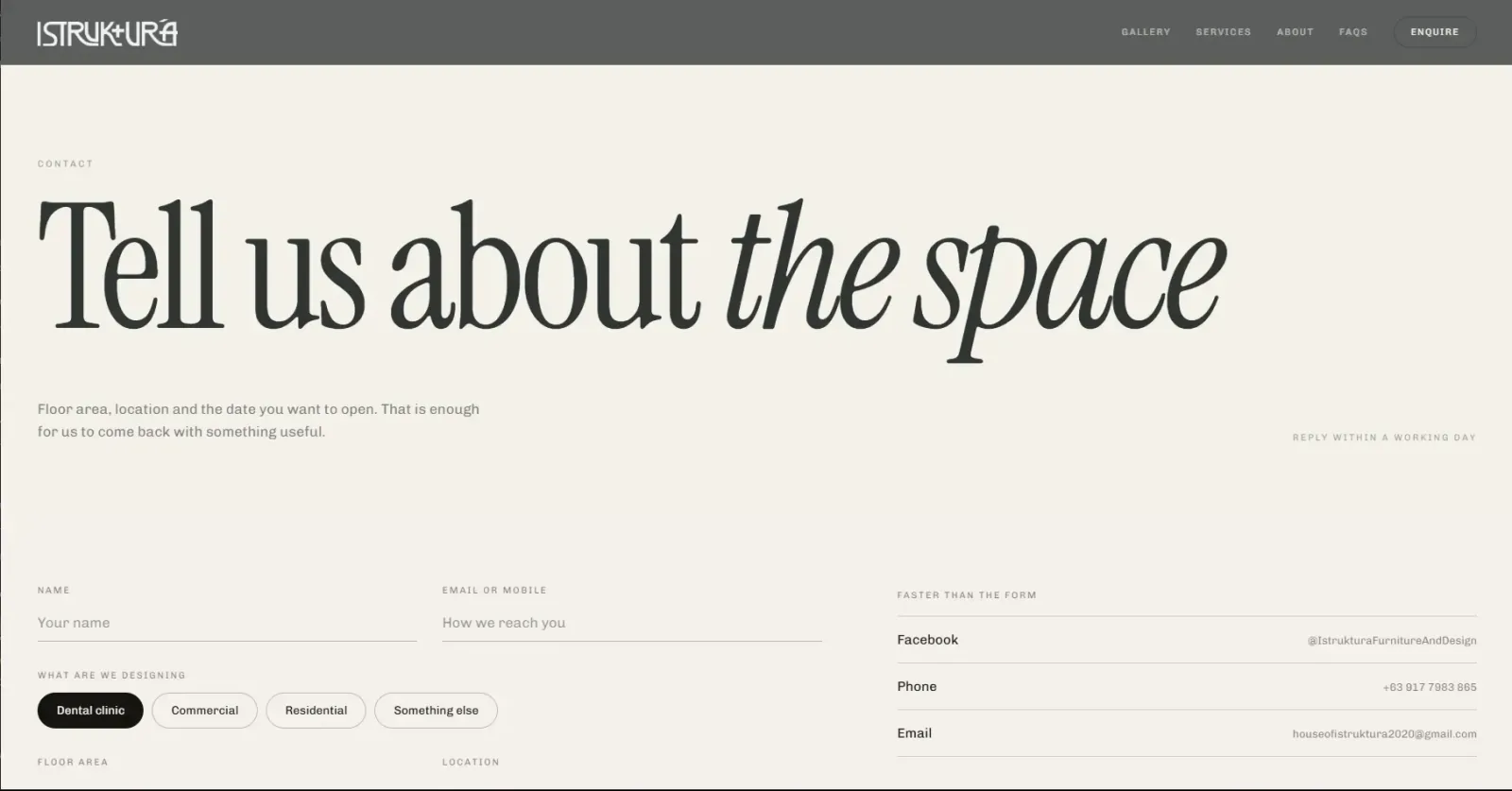 Contact page asking for name, project type, floor area and location, beside Facebook, phone and email details