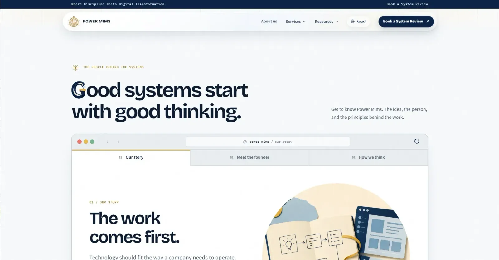 About page reading “Good systems start with good thinking” above a browser mock of the studio’s story