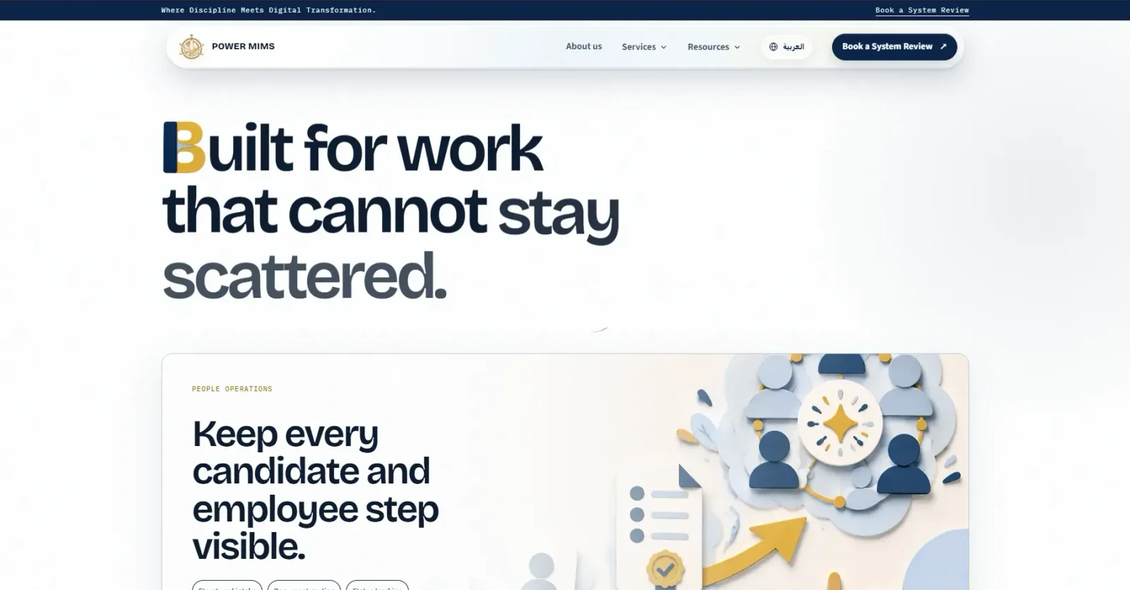 Use case section reading “Built for work that cannot stay scattered” with a people-operations example