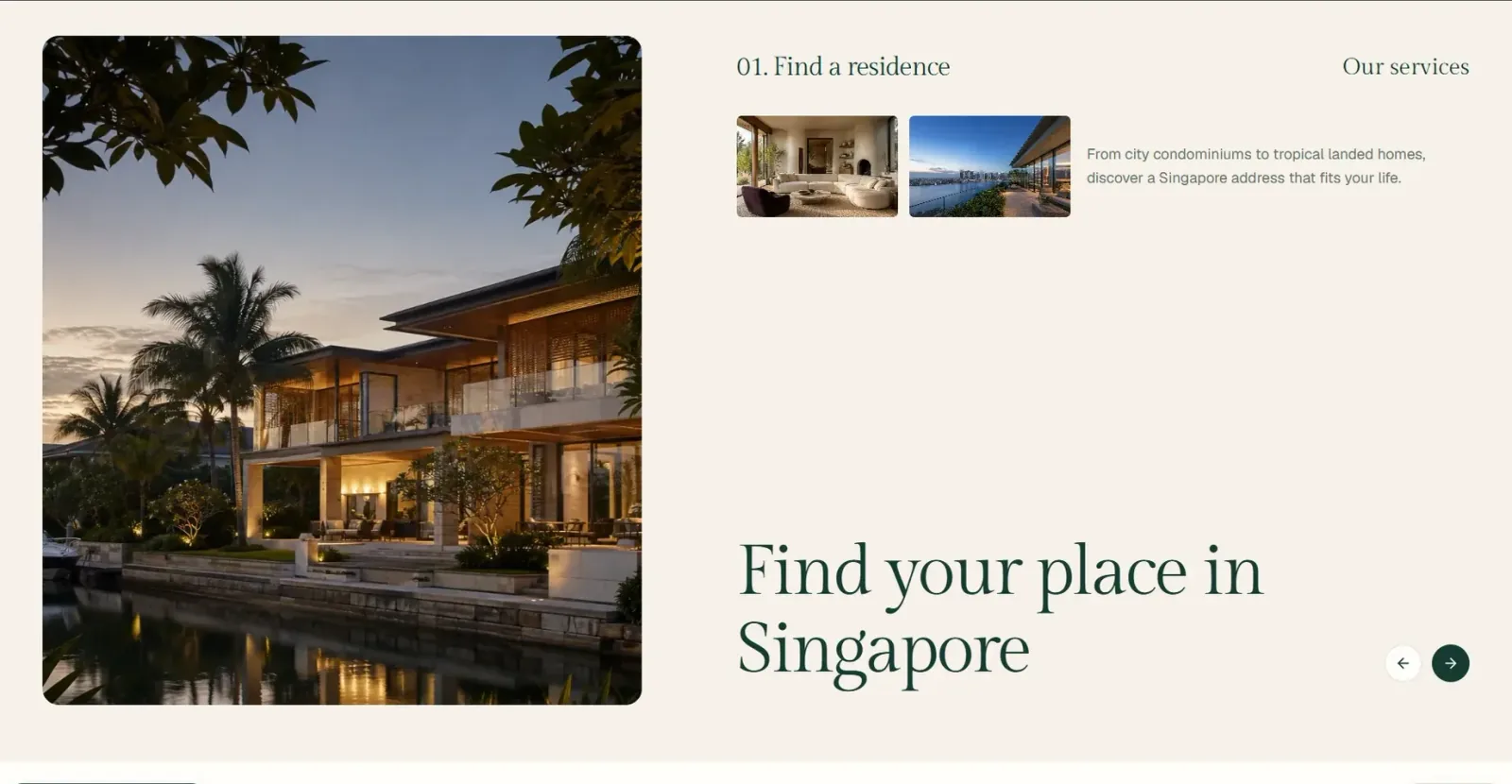 Services section headed “Find your place in Singapore” beside a lit tropical residence on the water