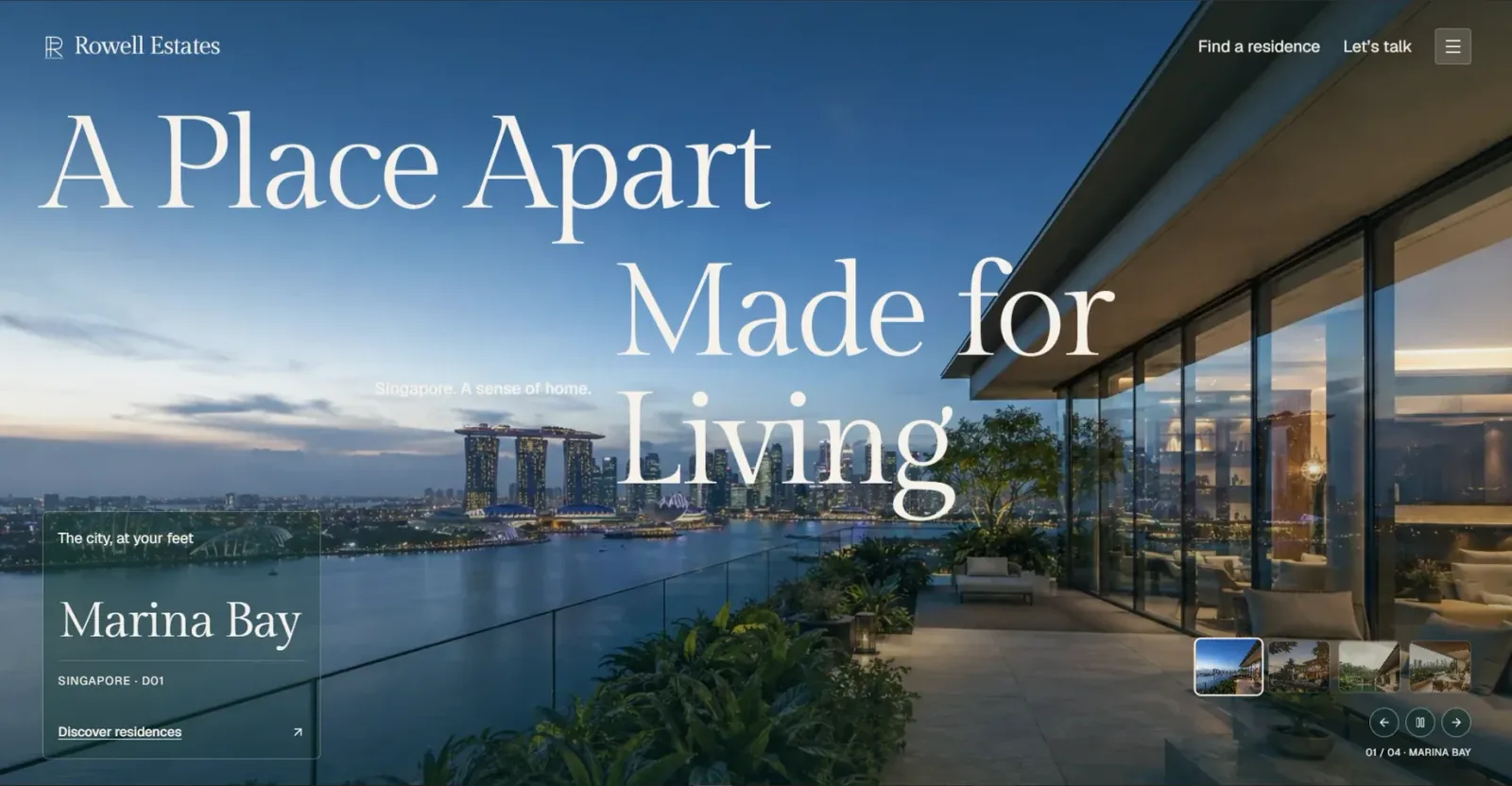 Rowell Estates homepage hero reading “A Place Apart, Made for Living” over a Marina Bay terrace at dusk