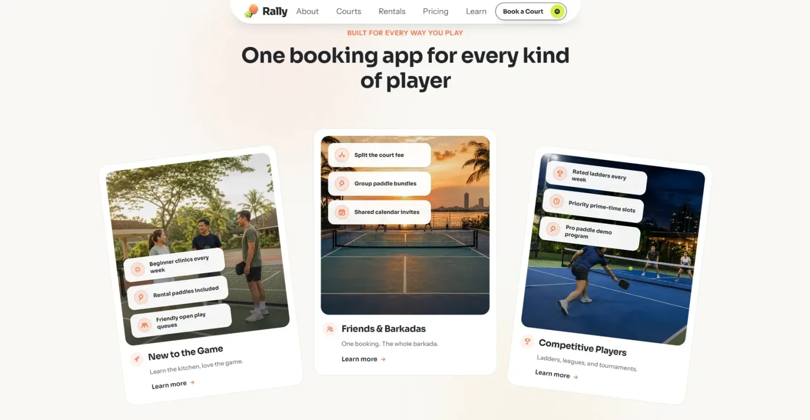 Section reading “One booking app for every kind of player” with cards for new players, friends and competitive players
