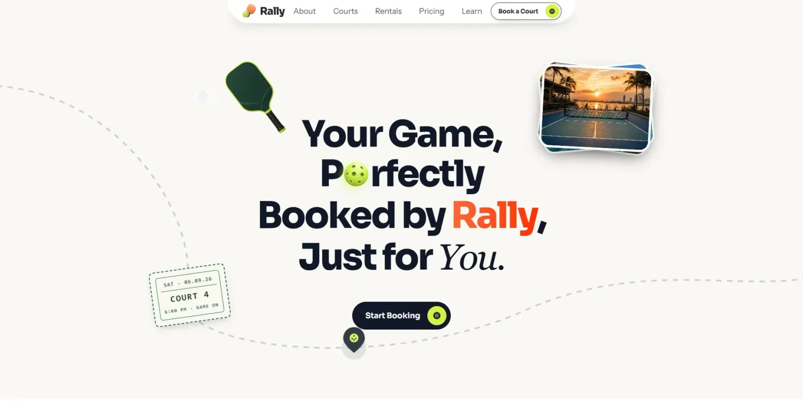 Illustrated call to action reading “Your Game, Perfectly Booked by Rally, Just for You” with a start booking button