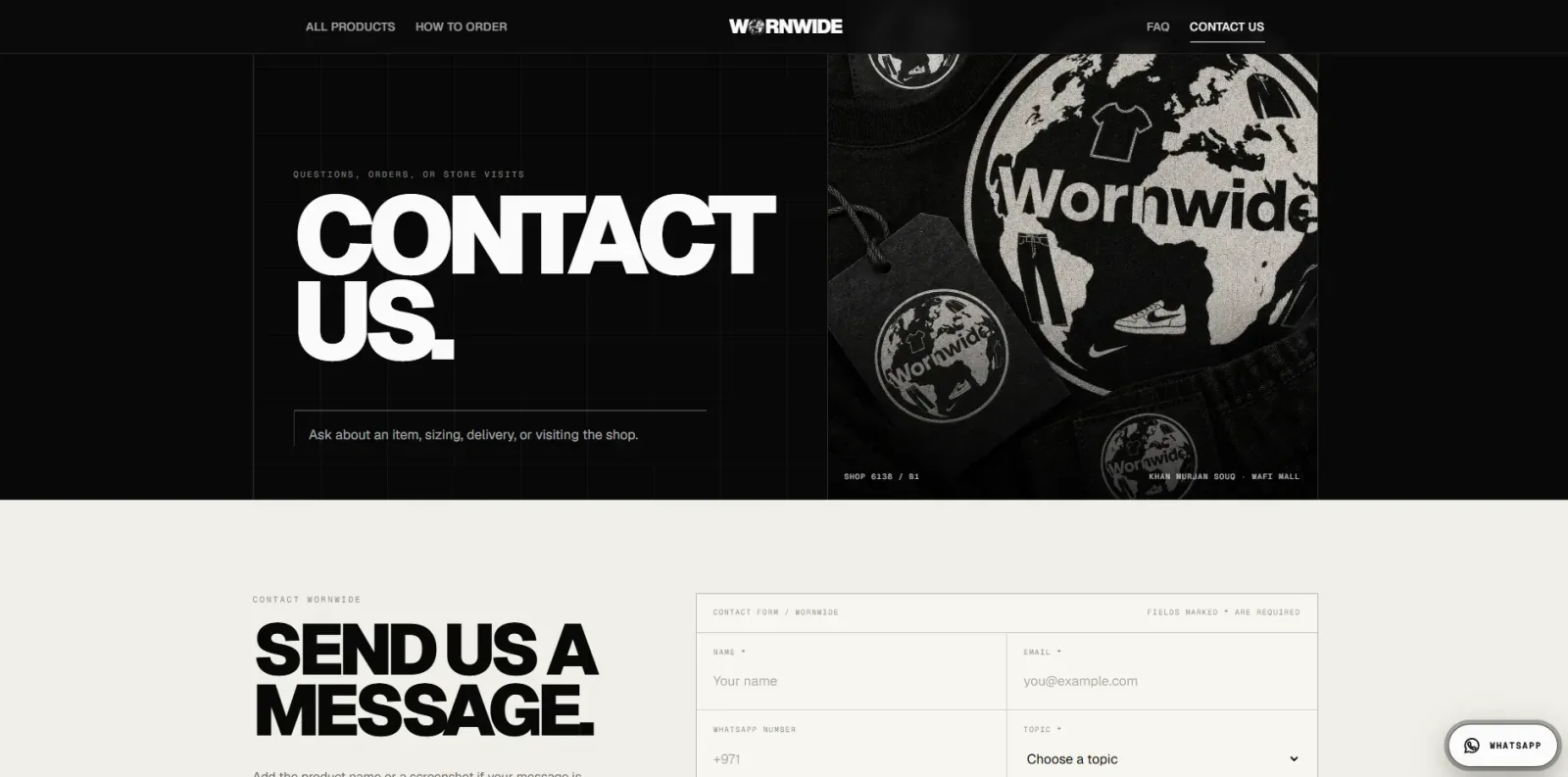 Contact page with a message form and topic picker over black-and-white Wornwide branding